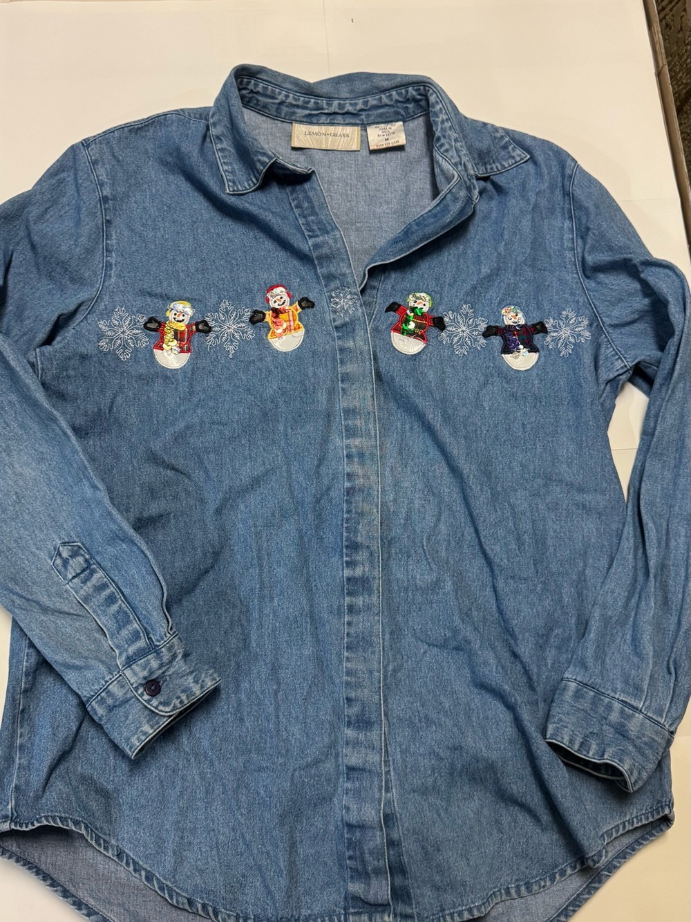 Lemon Grass Embroidered Snowman Denim Button-Up Blue Jean Shirt size medium